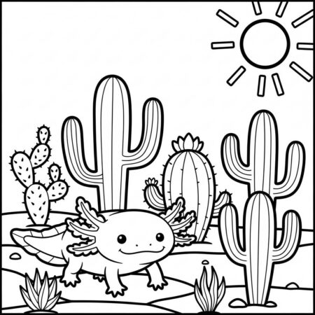 Axolote e Cactos (Desenho para Colorir)