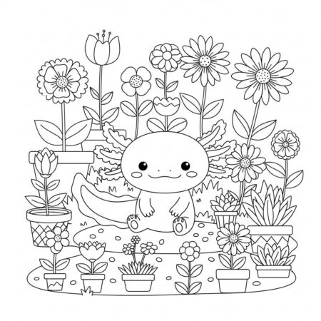 Axolote e Flores (Desenho para Colorir)