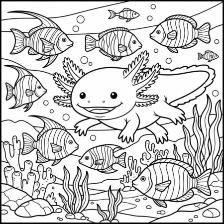 Axolote e Peixes Coloridos (Desenho para Colorir)