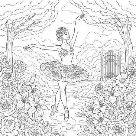 Bailarina com Flores (Desenho para Colorir)