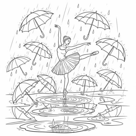 Bailarina e Chuva de Primavera (Desenho para Colorir)