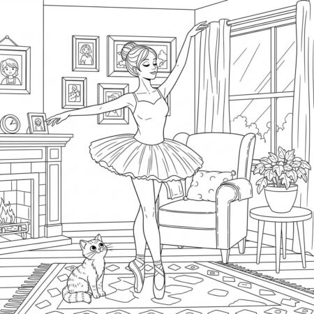 Bailarina e Gato (Desenho para Colorir)