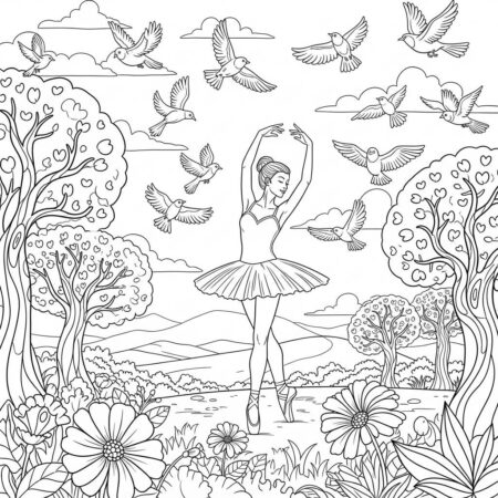 Bailarina e Passaros (Desenho para Colorir)