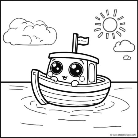 Barco Kawaii Navegando (Desenho para Colorir)