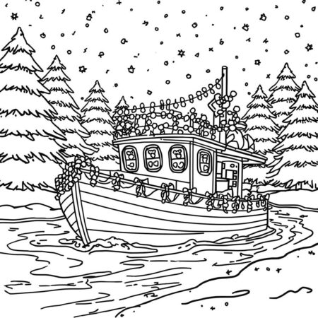 Barco de Natal Festivo (Desenho para Colorir)
