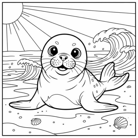 Bebe Foca Brincando na Praia (Desenho para Colorir)