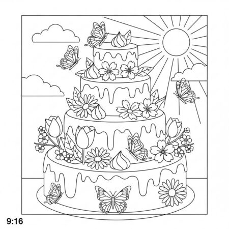 Bolo de Primavera Florido (Desenho para Colorir)