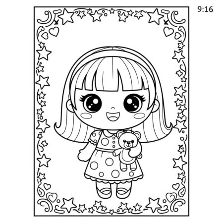 Boneca Kawaii Sorridente (Desenho para Colorir)