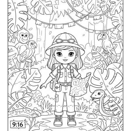 Boneca de Aventura Exploradora (Desenho para Colorir)