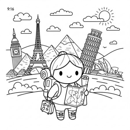 Boneca de Viagem Aventureira (Desenho para Colorir)