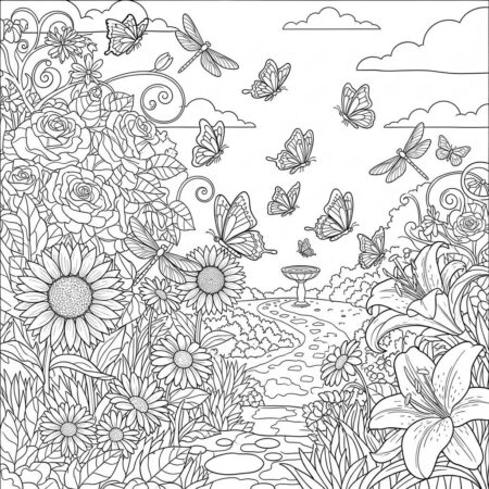 Borboletas e Libelulas no Jardim (Desenho para Colorir)