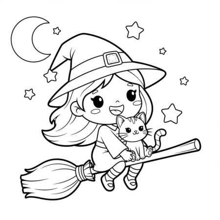 Bruxa Voadora Kawaii (Desenho para Colorir)