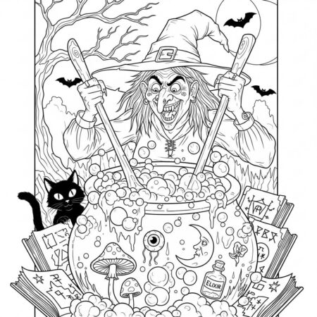 Bruxa com Caldeirao (Desenho para Colorir)