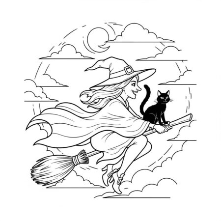Bruxa com Gato (Desenho para Colorir)
