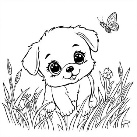 Cachorrinho Kawaii Brincando (Desenho para Colorir)