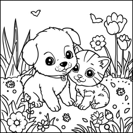 Cachorrinho Kawaii e Gato (Desenho para Colorir)