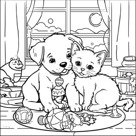 Cachorrinho e gatinho amigos Para Meninas (Desenho para Colorir)