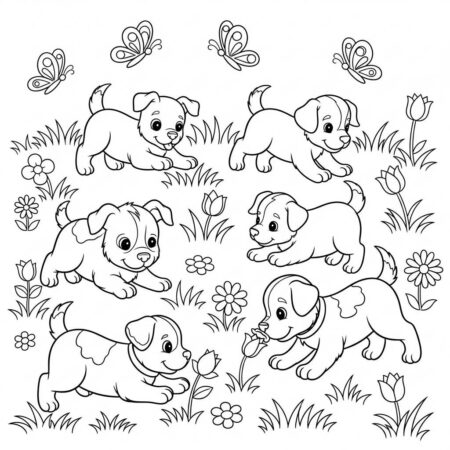 Cachorrinhos Brincando na Grama (Desenho para Colorir)
