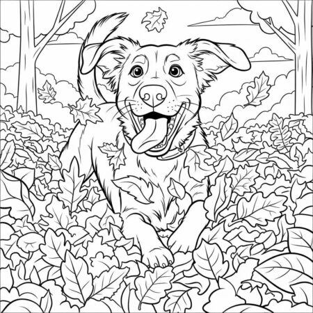 Cachorro Brincando no Outono (Desenho para Colorir)