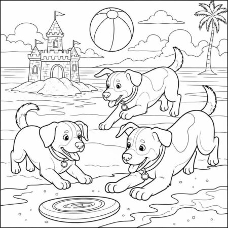 Cachorros Brincando na Praia (Desenho para Colorir)