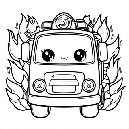 Caminhao de Bombeiro Kawaii (Desenho para Colorir)