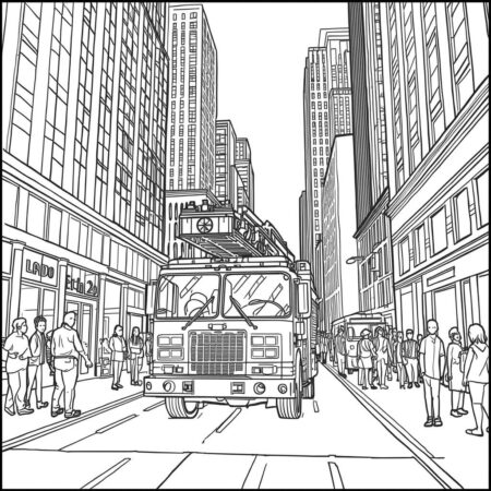 Caminhao de Bombeiro e Cidade (Desenho para Colorir)