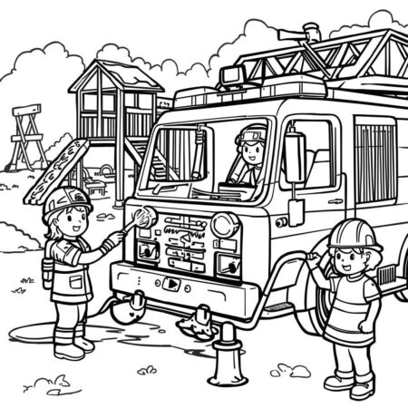 Caminhao de Bombeiro e Criancas Brincando (Desenho para Colorir)