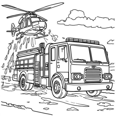 Caminhao de Bombeiro e Helicoptero (Desenho para Colorir)