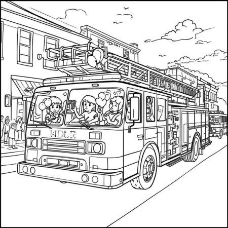 Caminhao de Bombeiro em Desfile (Desenho para Colorir)