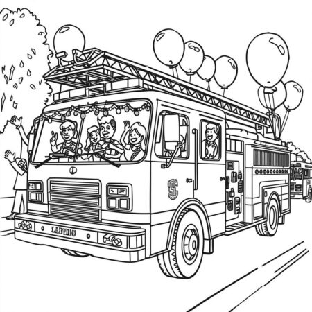 Caminhao de Bombeiro em Festa (Desenho para Colorir)