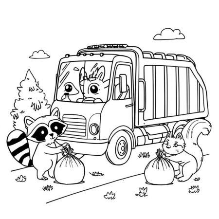 Caminhao de Lixo e Animais (Desenho para Colorir)