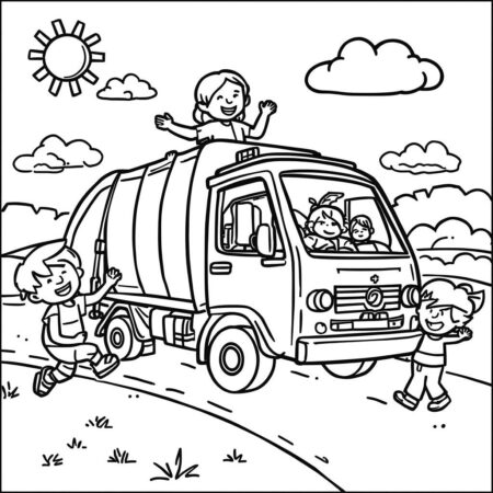 Caminhao de Lixo e Criancas (Desenho para Colorir)