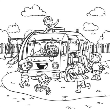 Caminhao de Lixo e Criancas Brincando (Desenho para Colorir)