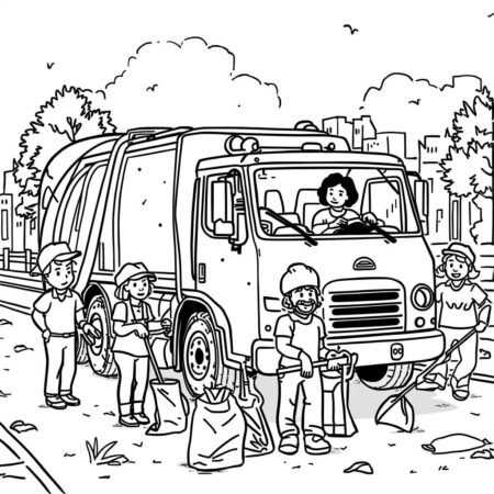 Caminhao de Lixo e Dia de Limpeza (Desenho para Colorir)