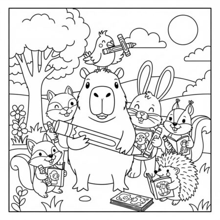 Capivara com Amigos (Desenho para Colorir)