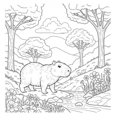 Capivara e Natureza (Desenho para Colorir)