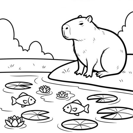 Capivara e Peixes (Desenho para Colorir)