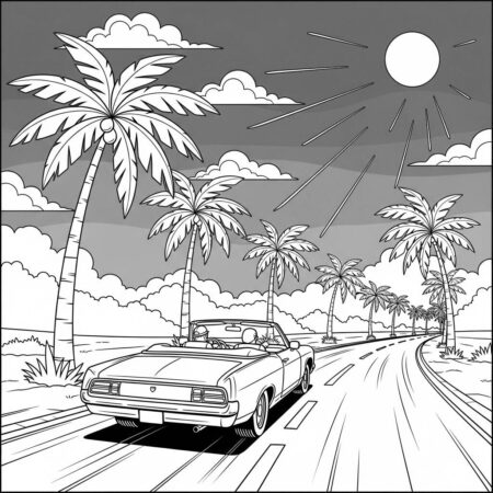 Carro Conversivel na Estrada (Desenho para Colorir)