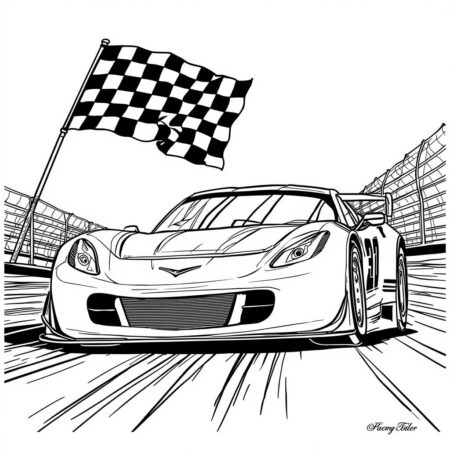 Carro de corrida e bandeira quadriculada (Desenho para Colorir)