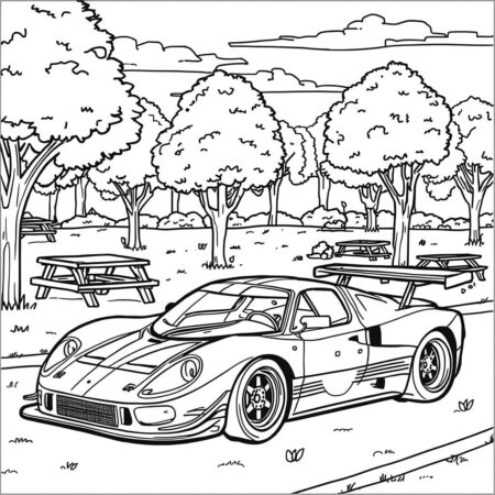 Carro de corrida em um parque (Desenho para Colorir)