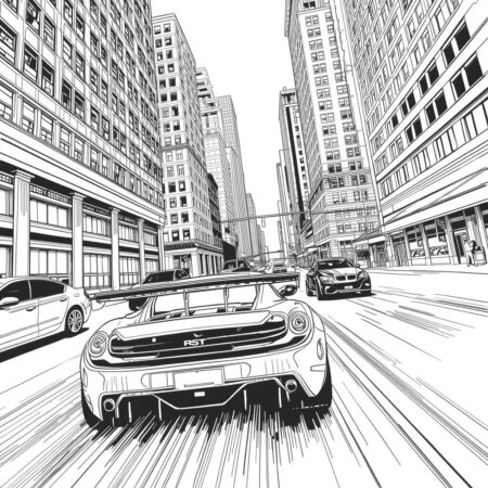 Carro de corrida na cidade (Desenho para Colorir)