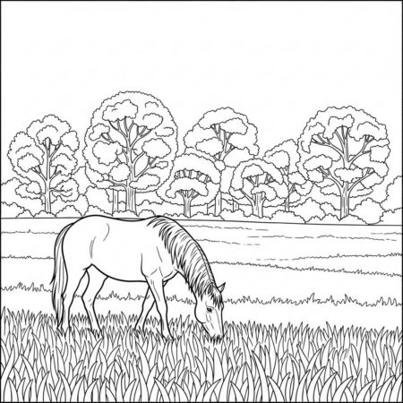 Cavalo Pastando no Outono (Desenho para Colorir)