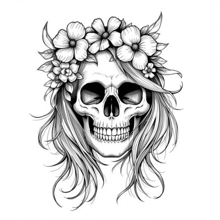 Caveira com Cabelo Longo (Desenho para Colorir)