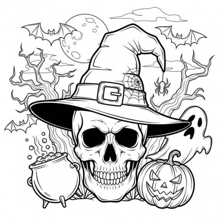 Caveira com Chapeu de Bruxa (Desenho para Colorir)
