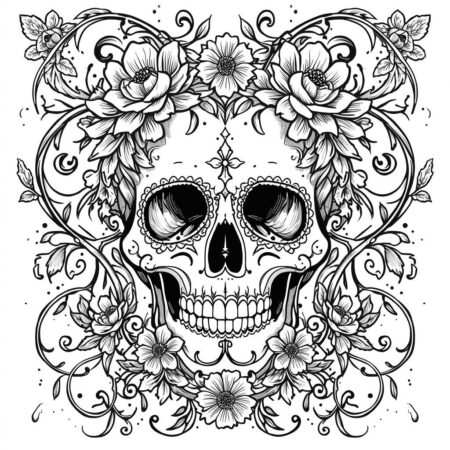 Caveira com Flores (Desenho para Colorir)