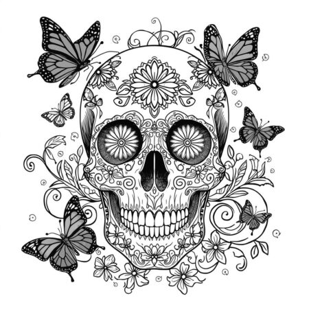 Caveira e Borboletas (Desenho para Colorir)