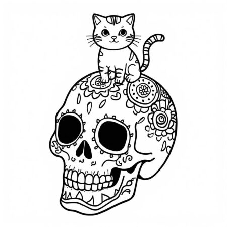 Caveira e Gato (Desenho para Colorir)