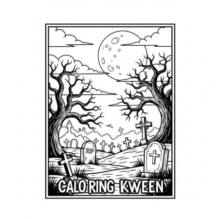 Cemiterio Assombrado com Arvores (Desenho para Colorir)