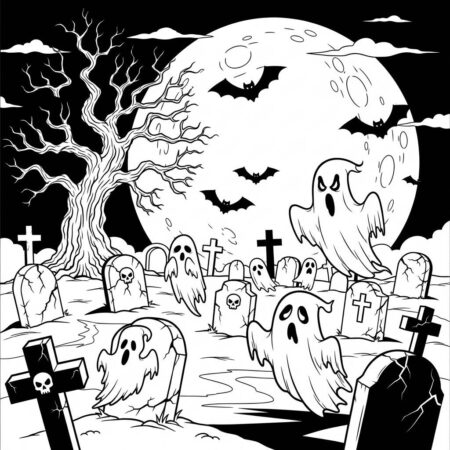 Cemiterio Assombrado com Fantasmas (Desenho para Colorir)