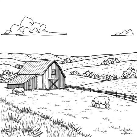 Cenario Rural Tranquilo (Desenho para Colorir)